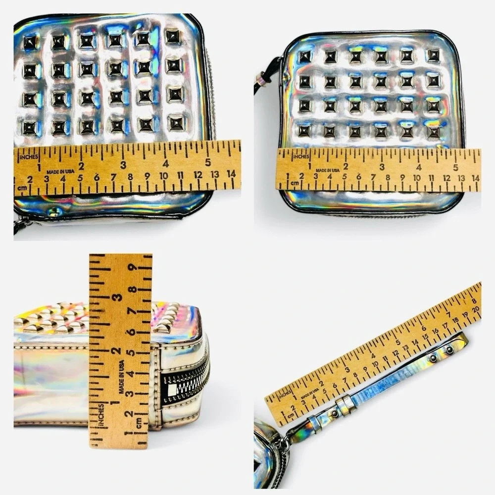 Rebecca Minkoff Iridescent Metallic Foil Square Wristlet Bag Clutch Silver Studs
